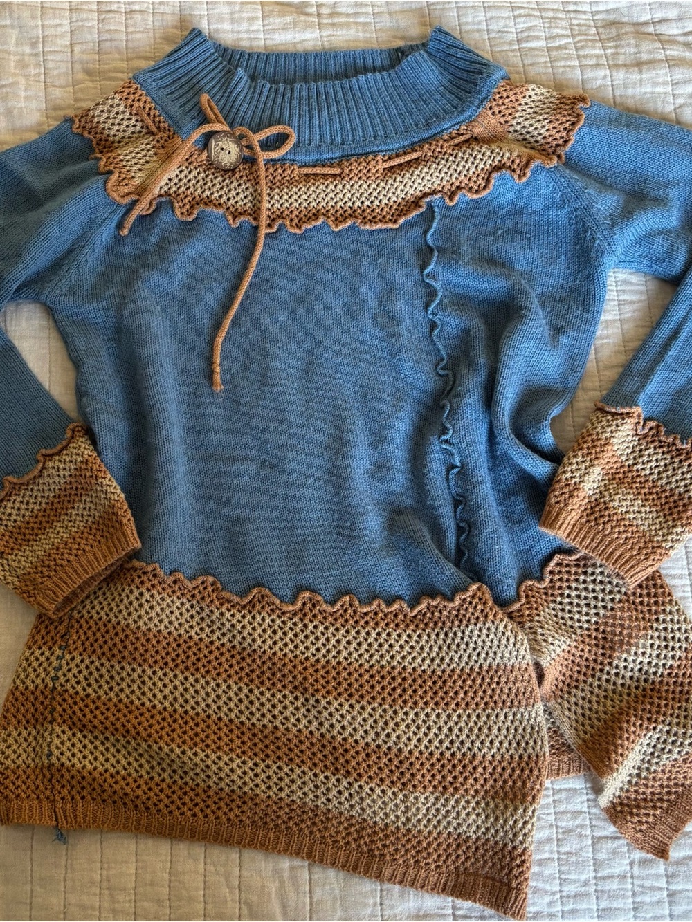 🍂Fall sweater MISSLOOK Blue and Tan Knit Cowl Sweater with Tie Detail